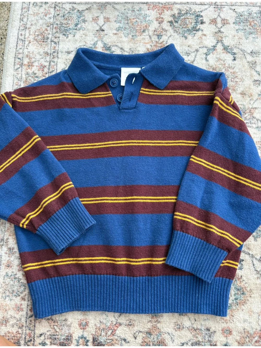 Zara 1.5yr Blue Burgundy and Yellow Striped Toddler Boys Collared Sweater